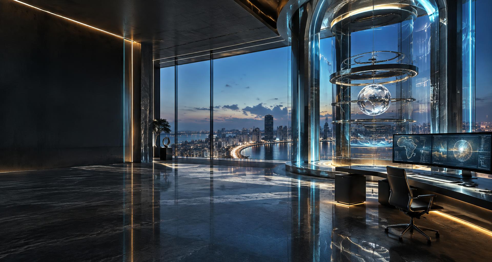 Estúdio futurista com arquitetura de vidro, núcleo tecnológico e vista sobre uma cidade costeira